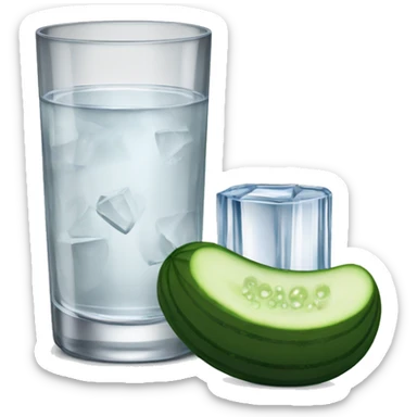 A cut glass of vodka and a small cucumber next to it.  sticker