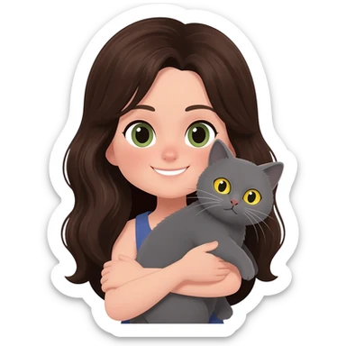 una chica castaña oscuro con un gato gris de ojos amarillos casi verdes en brazos sticker