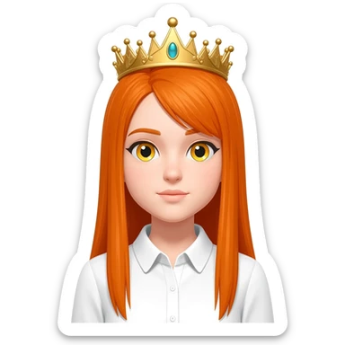 White girl with orange long straight hair and yellow eyes with a crown on her head and a white shirt on sticker