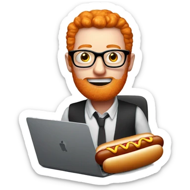 ginger person with a hot dog in mouth sat at computer with glasses sticker