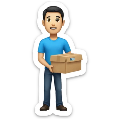 china man in blue shirt, dark hair, and holding a shipping box sticker