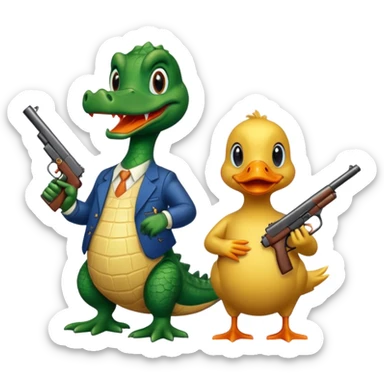 Alligator and a duck holding a gun sticker