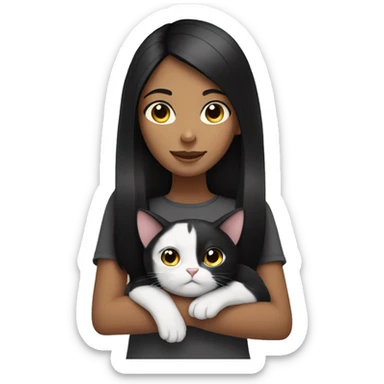 girl with black hair holding a black and white cat sticker