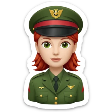 iOS Memoji style, white woman, red hair, green military officer uniform, peaked cap, 3D render, white background. sticker