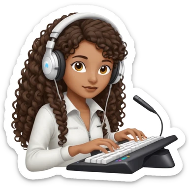 Brown skin Spanish girl with long dark curly hair, wearing a white gaming headset and playing on keyboard with a gaming mouse in one hand sticker