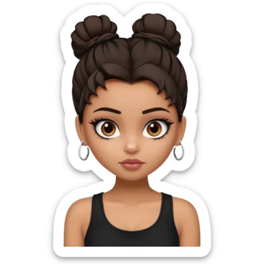 generate a pretty bratz girl in black cami top, dark brown messy bun, eyeliner on. dark brown eyes. NO EARRING sticker