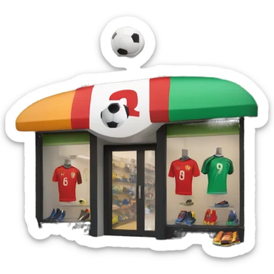 “Soccer store exterior with bold signage, large windows showcasing football gear, jerseys, and accessories, and a dynamic, athletic design reflecting the energy of the sport.” sticker