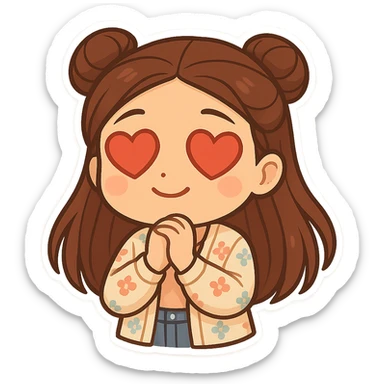 Create a chibi sticker of the girl from the reference image. She has brown straight hair styled in double buns, brown eyes, wearing a pastel floral cardigan and jeans. The expression is in love with heart eyes. The sticker should have a white outline and a transparent background, sized 512x512px. sticker