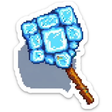 a pixel art pickaxe like in Minecraft game, blue rectangular diamond ore shape, 3D view sticker