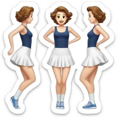 alistic-full-body-caucasian-curvy-beauty-jumping-short black-skirt-back-and-front-views-strong-wind-knickers-long-white-socks sticker