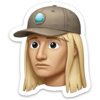 Easter island head rock with long blonde hair and a backwards baseball cap sticker