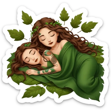 sleepy moon druid woman long wavy brown hair tattoos in leaf blanket sticker