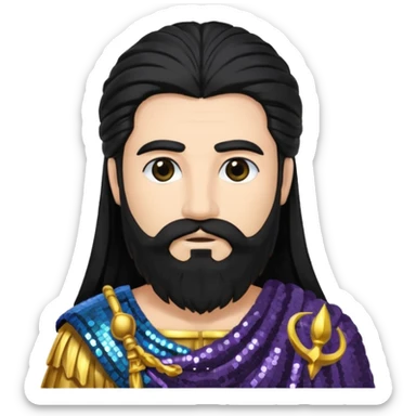 Saturn Time God with long black hair and beard, dark grey sequin toga sticker