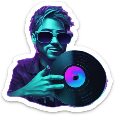 A dj wearing sunglasses playing music holding a cd record record, vinyl, oilslick holographic blacklight inverted graffiti dark dull sticker