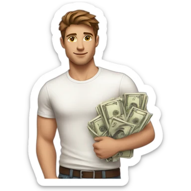 A young fit man with a white shirt with forward Brown hair and beige skin and with money in his hand sticker