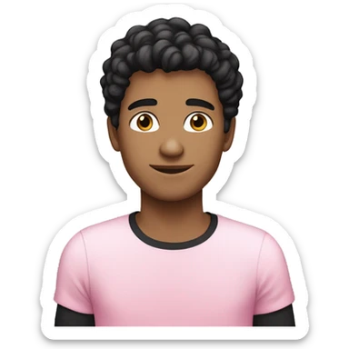 23 year old man white skin,  black hair long, pink t-shirt sticker