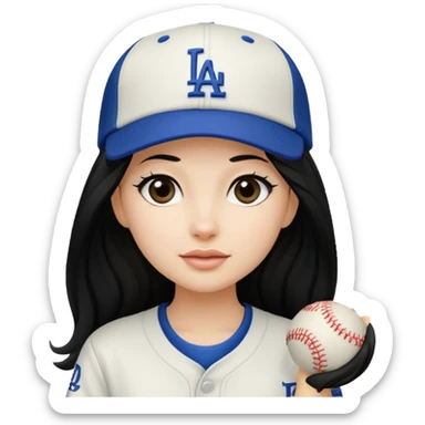 Can you make an emoji of a girl with fair skin with black long hair wearing an LA dodger hat sticker
