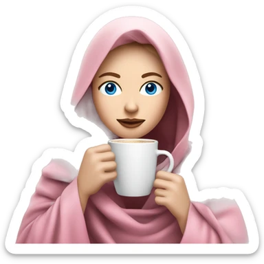 Woman with pale skin, blue eyes, and dark brown here drinking coffee while wrapped in a pink planket sticker