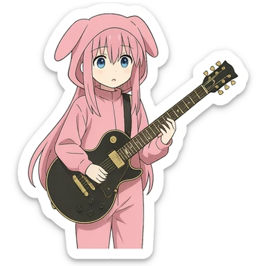 Bocchi the Rock character in a pink costume holding a guitar, anime style sticker