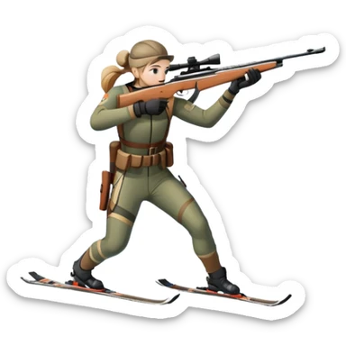 An icon showing a snowy landscape with pine trees, mountains, and a clear sky with a biathlete aiming a rifle in the foreground, wearing winter gear and skis. Transparent background emphasizes the precision, endurance, and beauty of this winter sport. sticker