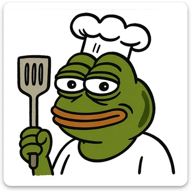 Pepe the Frog wearing a chef hat and holding a spatula, meme style sticker