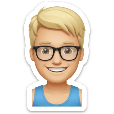 portrait of man, wearing a tank top, square glasses, grinning face, blond hair sticker