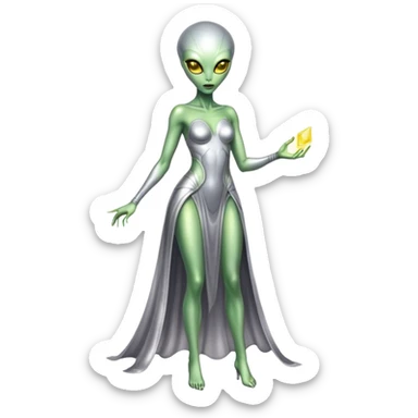 alien woman light green skin in silver dress Yellow eyes, full body  sticker