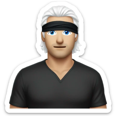 Man with white hair and blue eyes but he has a blindfold on but he’s revealing one of his eyes under the blindfold and he’s wearing a black shirt. sticker