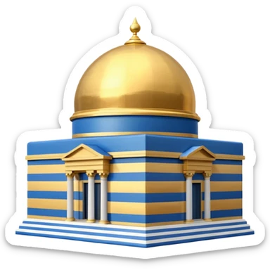  cubic temple with blue horizontal stipes on the side and a golden dome on top. The temple has no pillars and the dome has now spiral on top sticker