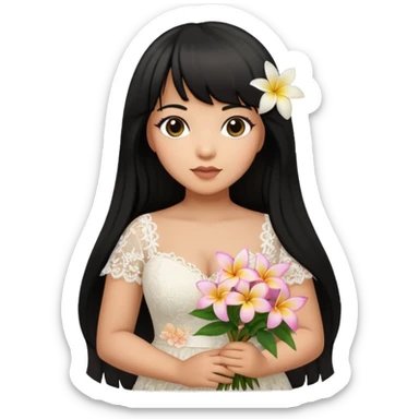 Latina girl with bangs black long hair plus size lace wedding dress with plumeria bouquet sticker