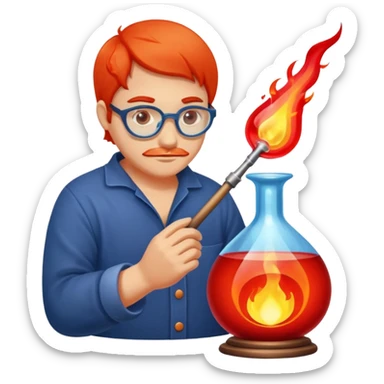 Glassblowing and casting icon, artisan shaping molten glass with a blowpipe, glass being poured into a mold, glowing red-hot glass, delicate patterns, minimalistic style, clean lines, transparent background. sticker