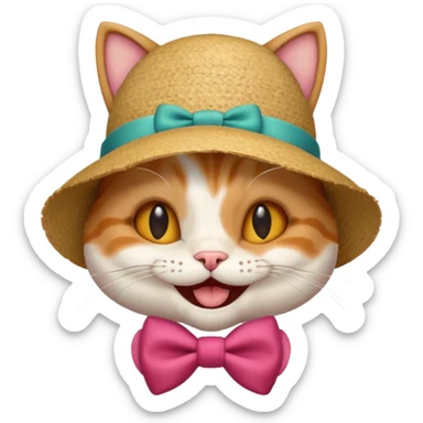 Cat with a laughing face and a bow and hat sticker