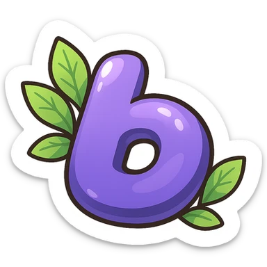 plump vibrant Boosty logo cartoon style purple b without lightning bolt cutout bold outline expressive shadows glossy highlights no background bright leaves arranged neatly behind logo one side slightly higher other slightly lower not symmetrical sticker