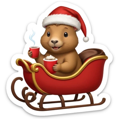capybara wearing a santa hat, holding a cup of hot cocoa in a sleigh sticker