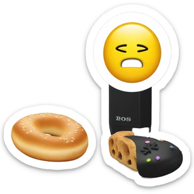 ps5 on a desk next to a bagel with lochs sticker