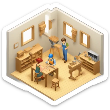 isometric square transparent solid outline containing indoor woodshop people actively working sticker