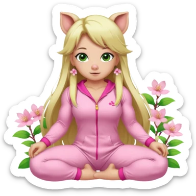 sexy and muscled, full body, in pink kegurumi pig pijamas, sexy girl, long blond hair, beautiful green eyes, makeup, earrings, muscled, surrounded by pink flowers and sakura petals sticker
