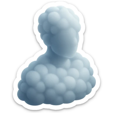 a person turned exactly, fully composed of white fluffy convex clouds up to the shoulders, matte glass style sticker