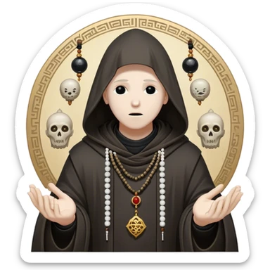 Abyssal Horror Monk – A hooded figure with a void where its face should be, surrounded by floating stone prayer beads etched with forbidden symbols sticker