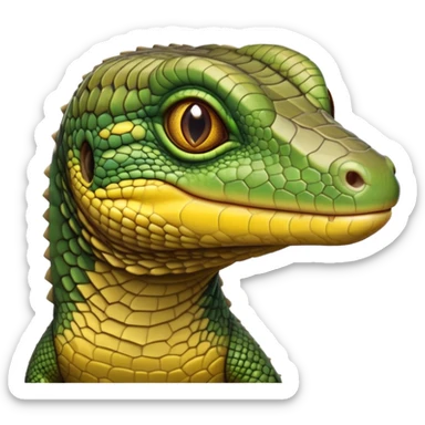 cinematic-realistic-cute-monitor-lizard-portrait-emoji,-head-tilted-playfully-and-inquisitively,-featuring-a-compact,-agile-body-with-finely-detailed,-glossy-scales-in-earthy-olive-hues-and-a-distinct,-alert-face-with-bright,-curious-eyes, yellow and green multi coloured  scales sticker