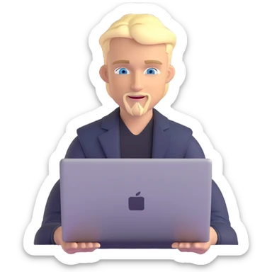 young blond male with blue eyes, modern forward-styled hair and fringe, sly proud smile, thin blonde mustache and sharp goatee, working on MacBook, clean and stylish, tech website vibe sticker