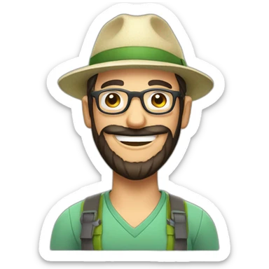 happy gardener man short dark hair beard round glasses with hat sticker