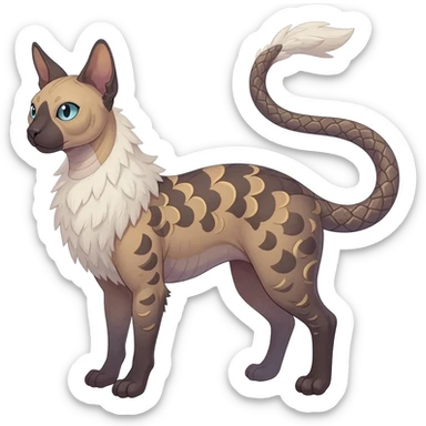 Furry, fluffy feathery scaly, Minccino-Sphynx-Lykoi-Linoone-Zangoose-fusion-hybrid-animal-Fakémon-creature, full body, thin long sleek scaly tail, intricate markings sticker
