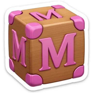 A rounded toy block with the pink letter "M" on it sticker