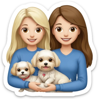 two women holding one Maltese dog one is brunette the other is blonde long haired  sticker