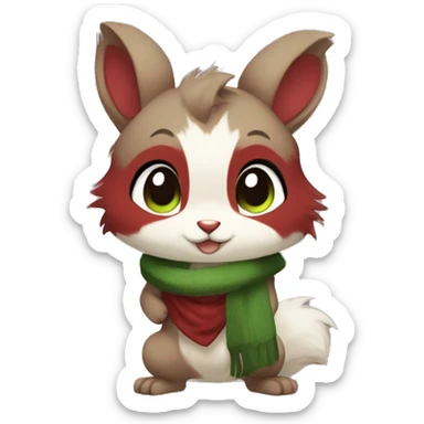 Cute, Chibi, chubby, fluffy, Kemono-style, Anthro, Fur-Sona, Dark-Red, Squirrel-Rabbit-hybrid-Fakémon, with a green scarf, full body sticker