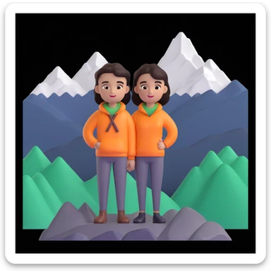 back packer couple posing, mountains in background,   close up pose sticker