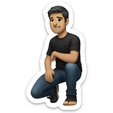 White male kneeling, dark hair black shirt sticker