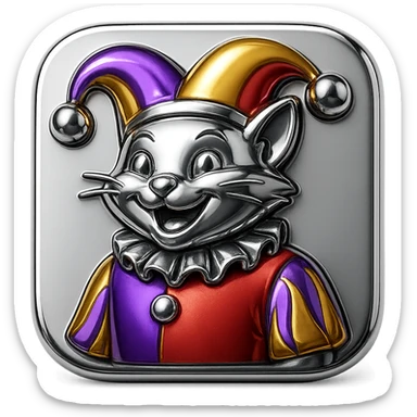 crazy colorful cute little cat jolly joker from poker, medieval, vintage, court jester, mac os icon, purple, gold and red color, half body. Squared shape as 3D mac os icon sticker