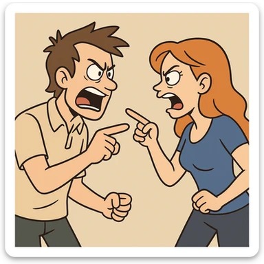 man and woman arguing, bold colors, flat-toon style sticker